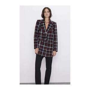 ZARA Overside Plaid Front Double Breasted Tweed Blazer Button Closure Lined M